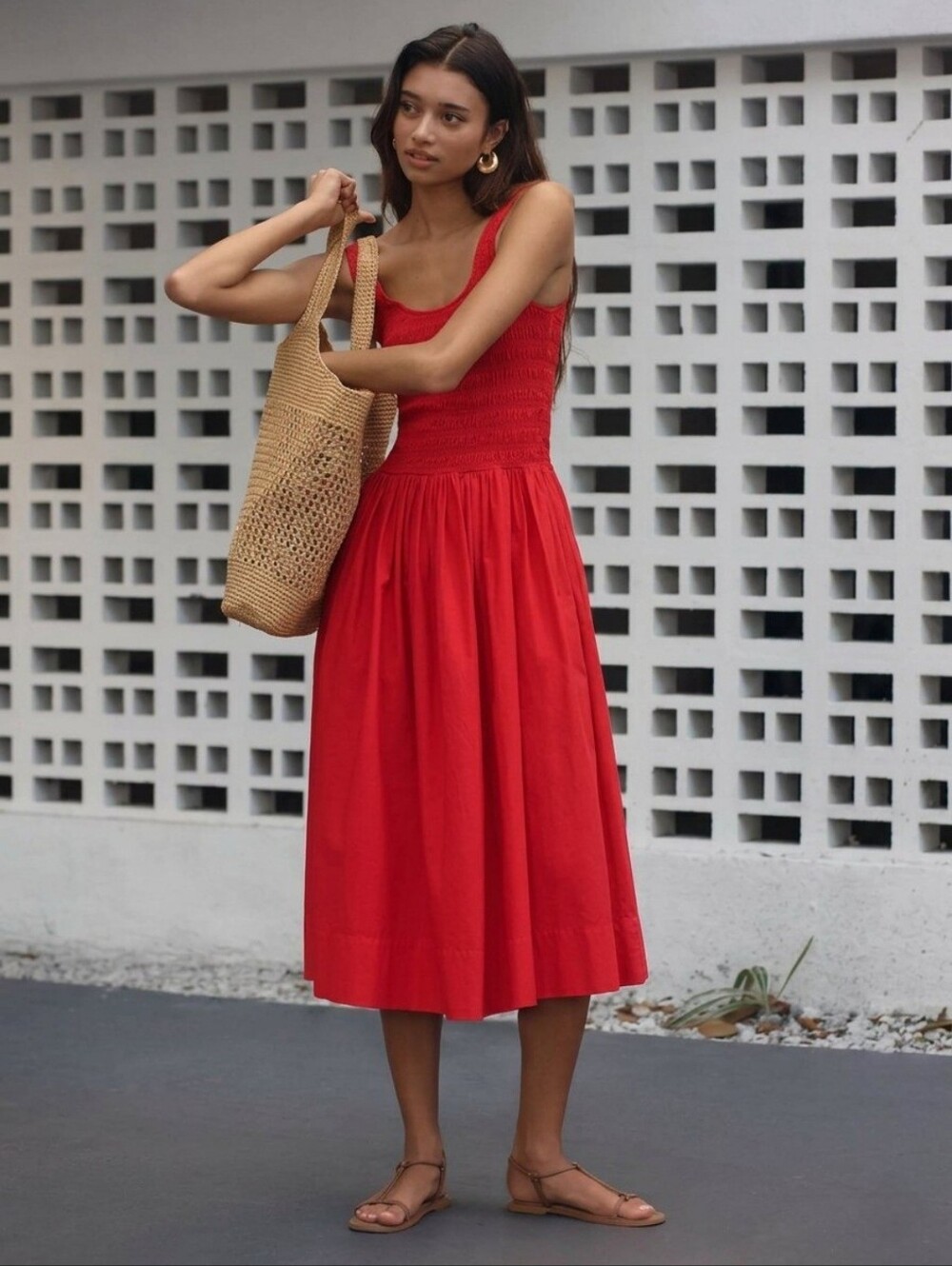 🚨NEW PISTOLA Evereve Alessia Smocked Drop Waist Midi Dress In Red Holiday Sz L